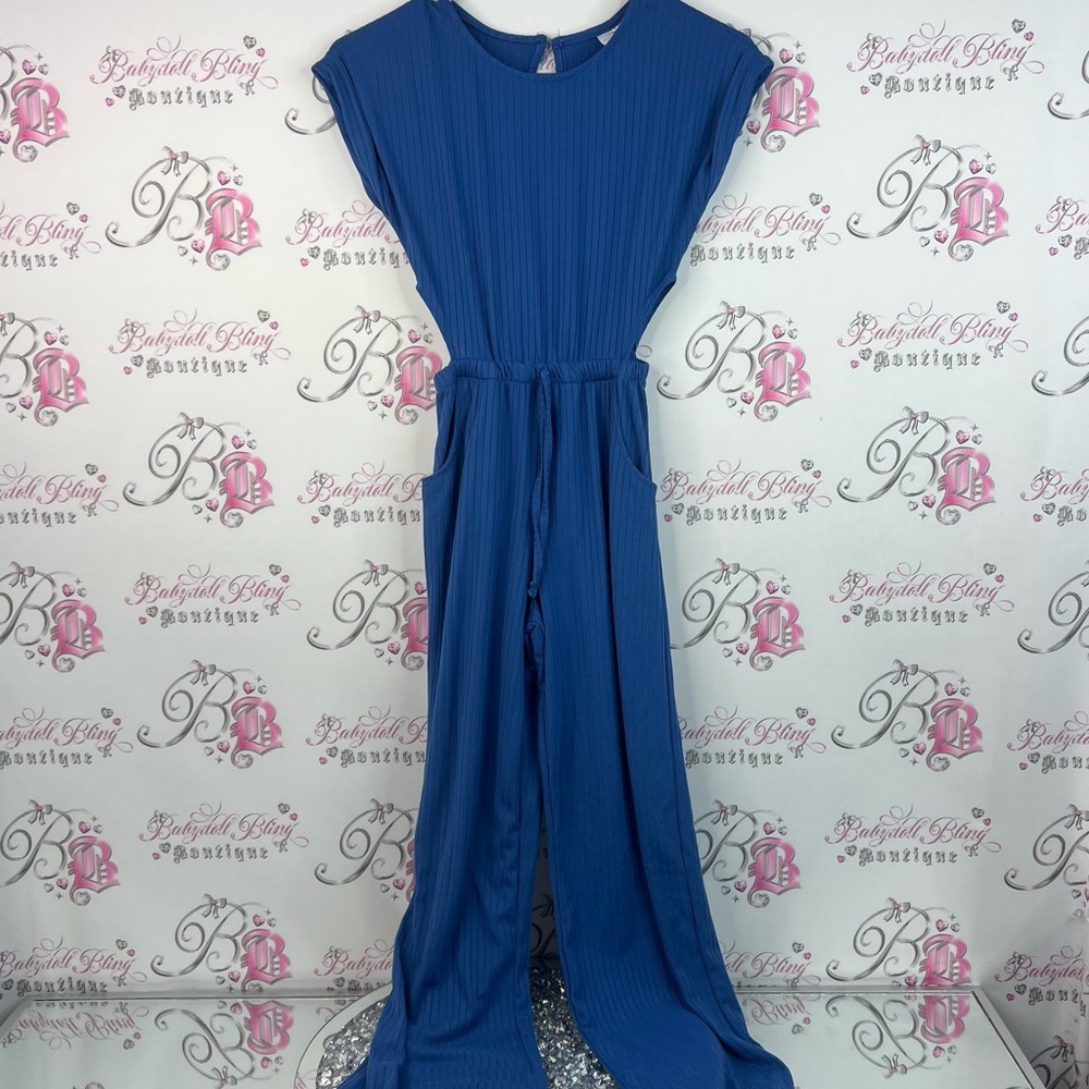 Rebel Sugar girls jumpsuit pants flared open side cutout Blue Ribbed Jumpsuit